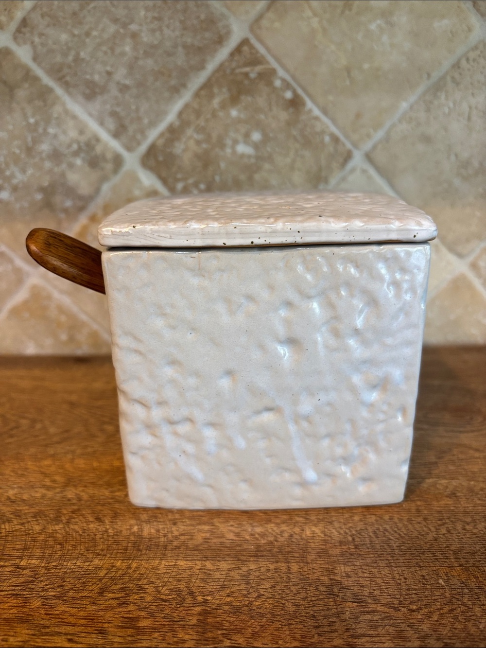 Textured Ceramic Salt Cellar Jar with Wooden Spoon-EUC